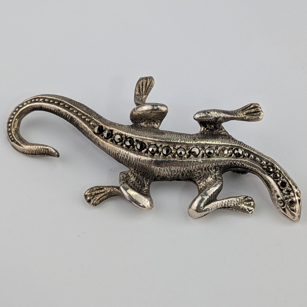 Vintage Silver Marcasite Lizard Brooch Pin